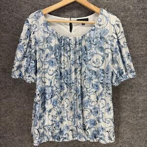 Sara Michelle Blouse Women L Large Gray Floral Short Sleeve Lined Hook & Eye